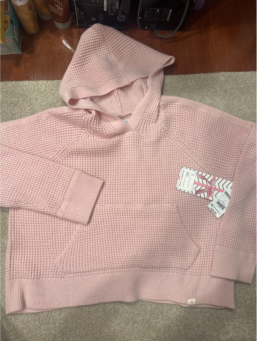 (6)Celebrity Pink Women's Pink Waffle Knit Hoodie Sweatshirt Size S